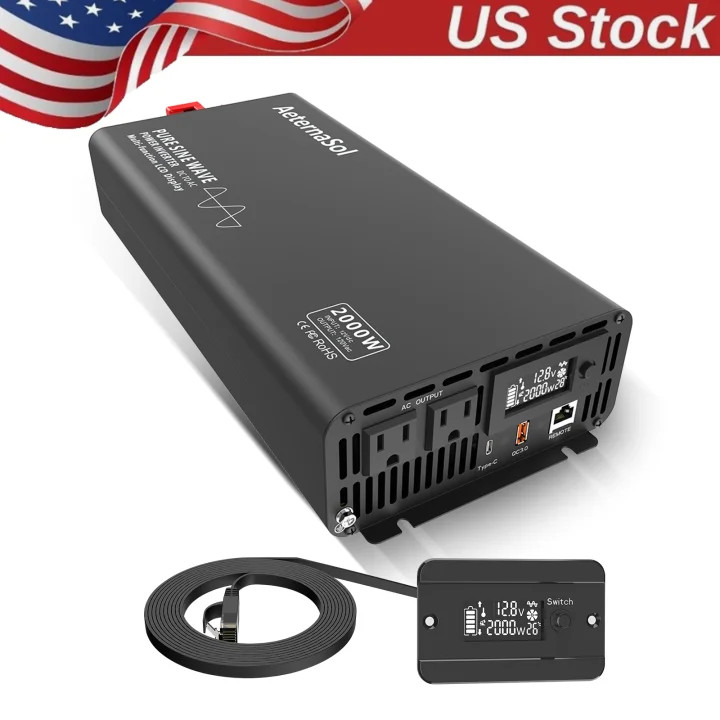 2000W Pure Sine Wave Inverter 12V DC to 120V AC Converter Remote Power Inverter