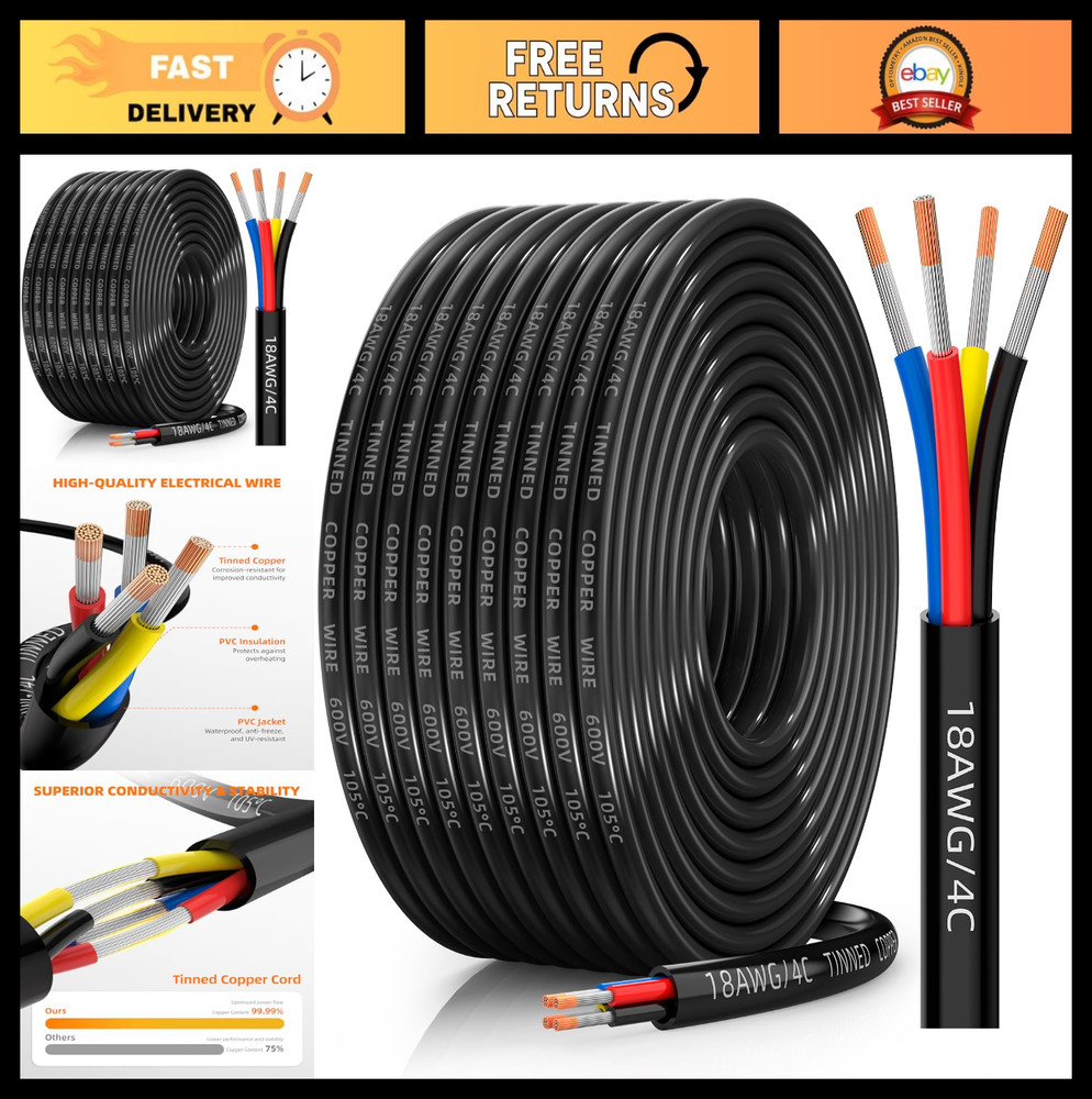CONEPY 18 Gauge 4 Conductor Tinned Copper Wire 50FT for Automotive RV Marine